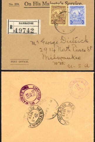 Barbados 1933 OHMS registered cover to USA 2 1/2d bright ultramarine P13x12
