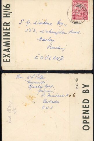 Barbados 1944 censored cover to England franked 2d defin