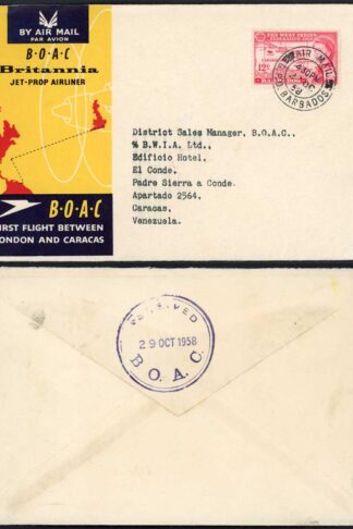 Barbados 1958 BOAC first flight cover to Caracas Venezuela