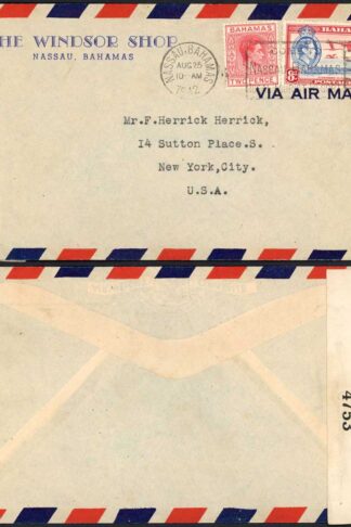 Bahamas 1942 censored airmail cover to USA 10d rate