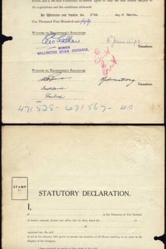 New Zealand 1950 Share Transfer with 1s3d KGVI defin as revenue stamp affixed