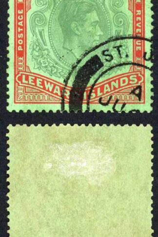 Leeward Islands 1938-51 SG 113b 10s green and red on green VFU cat 100 pounds