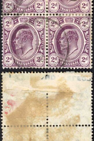 Transvaal SG275 2c Purple Block of Four (crease)