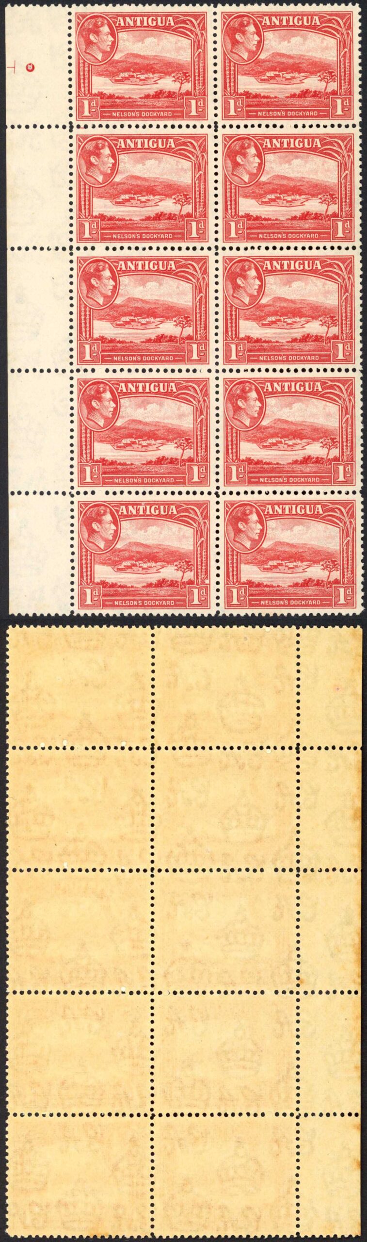 Antigua SG99 1d Scarlet Block of TEN U/M Cat 35+ pounds