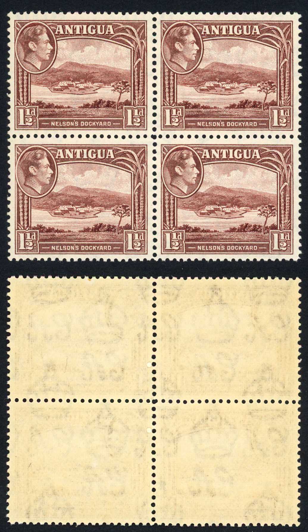 Antigua SG100 1 1/2d Dull Reddish Brown Block of FOUR U/M Cat 16+ pounds