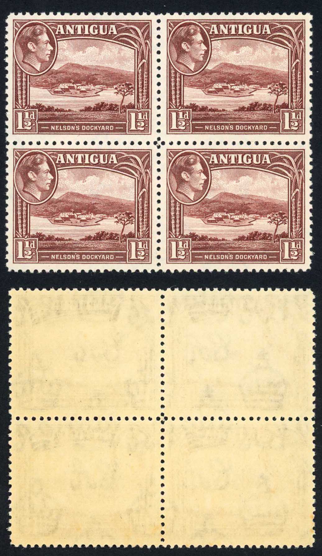 Antigua SG100 1 1/2d Dull Reddish Brown Block of FOUR U/M Cat 16+ pounds
