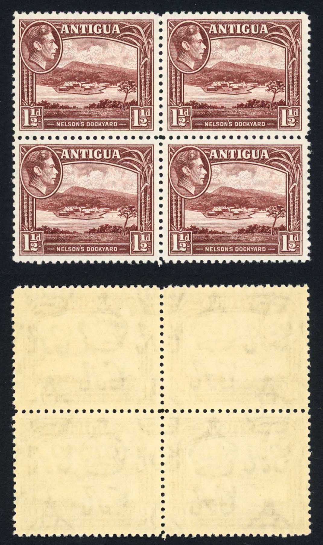 Antigua SG100 1 1/2d Dull Reddish Brown Block of FOUR U/M Cat 16+ pounds