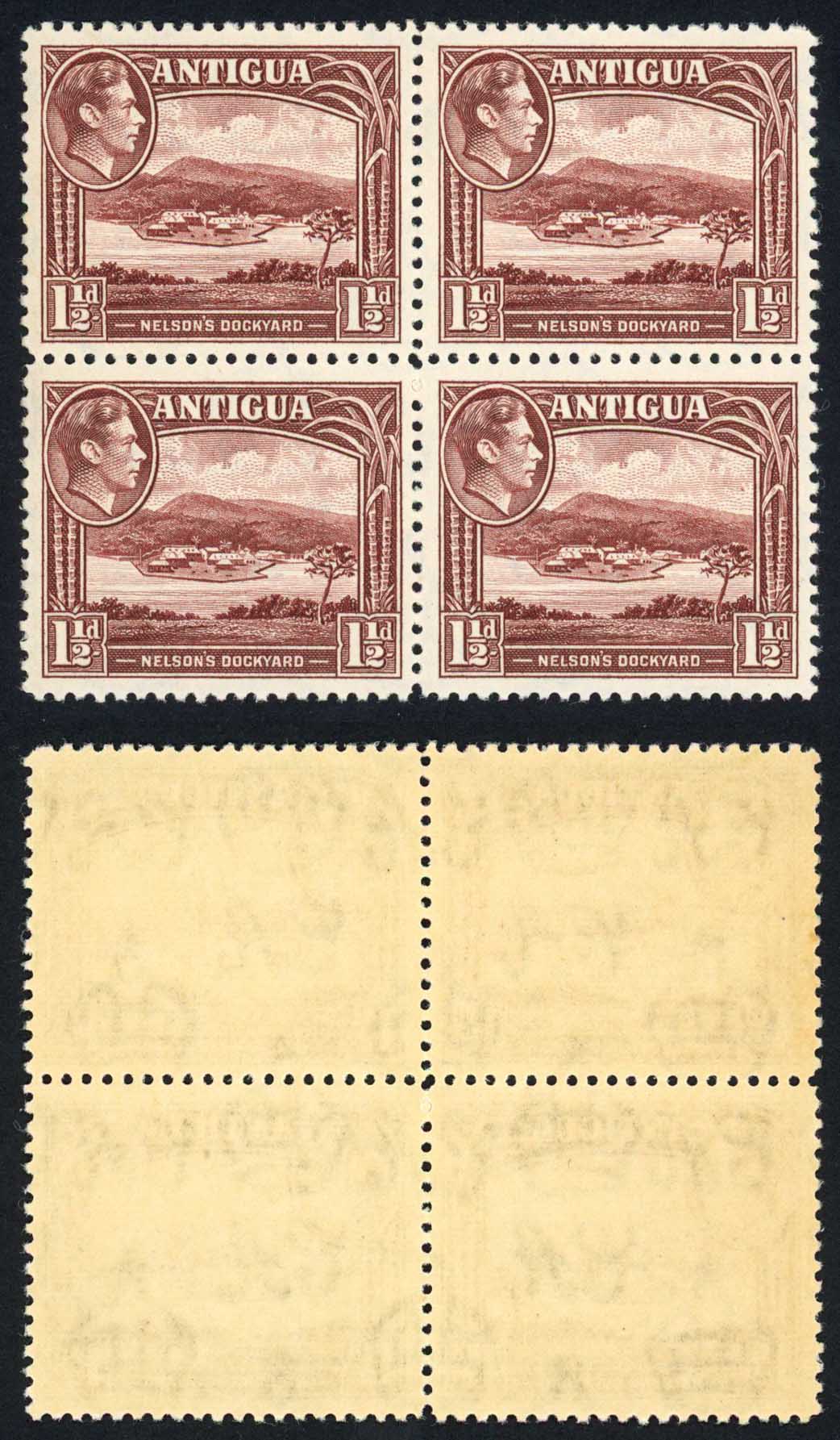 Antigua SG100 1 1/2d Dull Reddish Brown Block of FOUR U/M Cat 16+ pounds