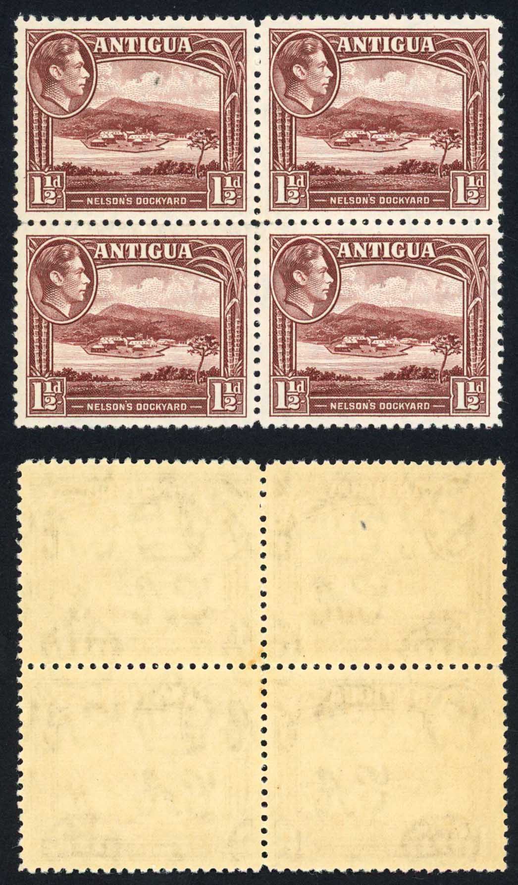 Antigua SG100 1 1/2d Dull Reddish Brown Block of FOUR U/M Cat 16+ pounds
