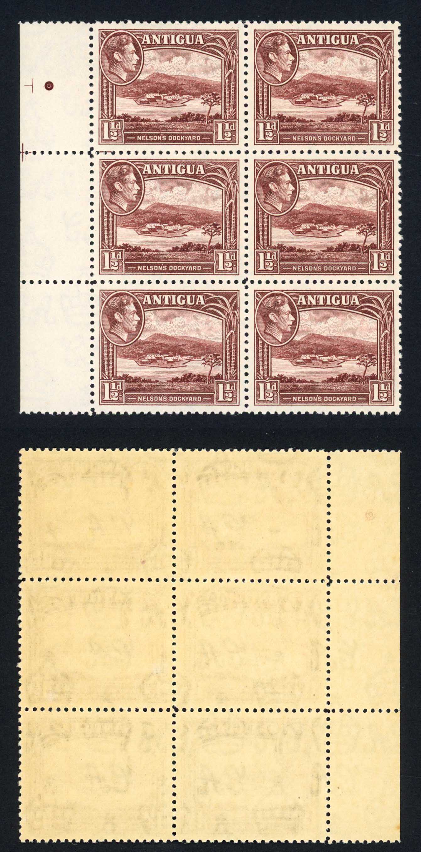 Antigua SG100 1 1/2d Dull Reddish Brown Block of SIX U/M Cat 24+ pounds