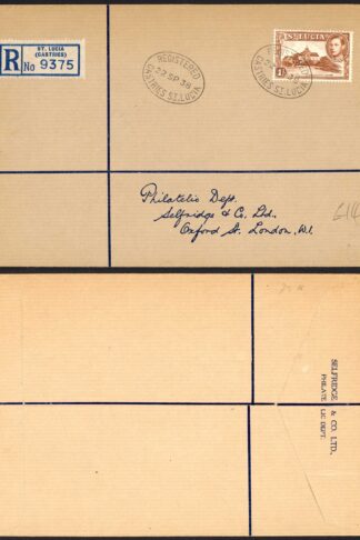 St Lucia KGVI 1/- on Registered Cover