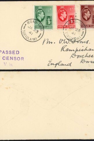 VIRGIN Is 1941 3d Rate Cover Scarce Passed/by censor/vs. Handstamp in Violet