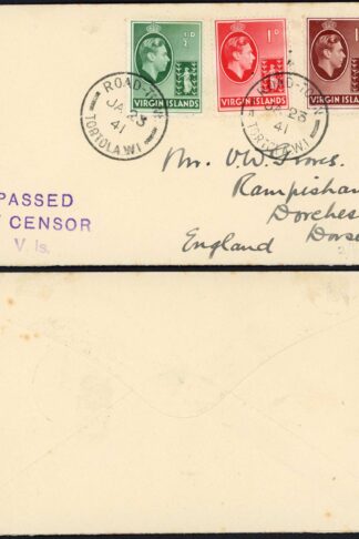 VIRGIN Is 1941 3d Rate Cover Scarce Passed/by censor/vs. Handstamp in Violet