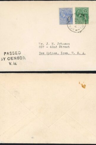 VIRGIN Is 1941 3d Rate Cover Scarce Passed/by censor/vs. Handstamp in Violet