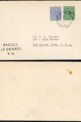 VIRGIN Is 1941 3d Rate Cover Scarce Passed/by censor/vs. Handstamp in Violet