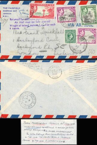 Jamaica KGVI return to sender for additional postage stamps