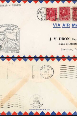 Canada Montreal to Regina First Flight Cover (one stamp damaged)