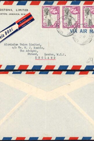 Jamaica KGVI 6d Strip on Airmail Cover