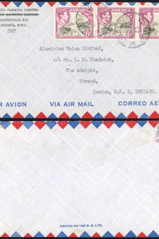 Jamaica KGVI 6d Strip of 3 on an Airmail Cover to the UK