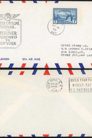 Canada 1950 Jetliner Toronto to New York First Flight Cover