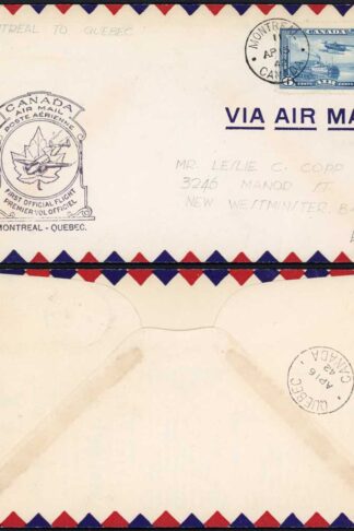 Canada 1942 Montreal to Quebec First Flight Cover