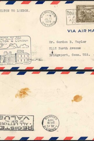 Canada 1929 Hamilton to London First Flight Cover