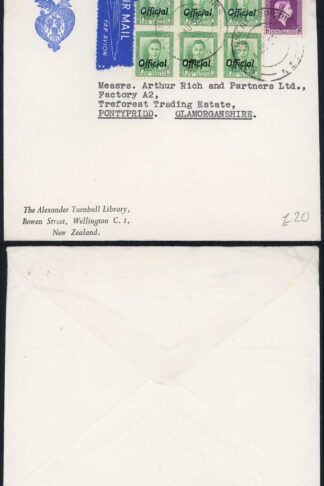 New Zealand KGVI 1d Official x 6 and QEII 1/- official on Airmail Cover