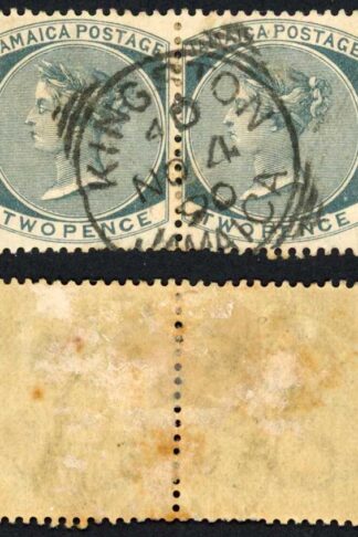 Jamaica SG20a 2d Slate Wmk CA (toned) Kingston Squared Circle Pmk