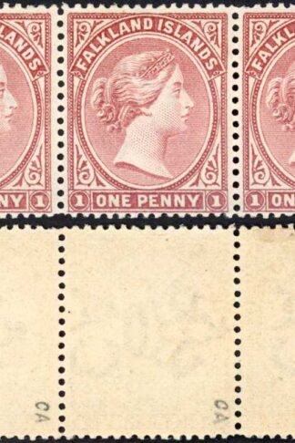 Falkland Is SG7w 1d Pale Claret wmk CA Sideways (to right) STRIP Cat 390+ pounds