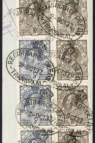 Swaziland SG19/20 5/- x 3 and 10/- x 5 Registrar of Deeds Transvaal Cancel