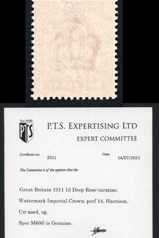 KEVII M6(6) 1d Deep Rose-carmine Harrison Perf 14 Superb Colour U/M PTS Cert