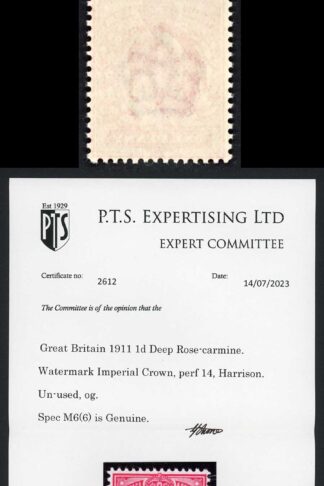 KEVII M6(6) 1d Deep Rose-carmine Harrison Perf 14 Superb Colour U/M PTS Cert