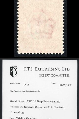 KEVII M6(6) 1d Deep Rose-carmine Harrison Perf 14 Superb Colour U/M PTS Cert