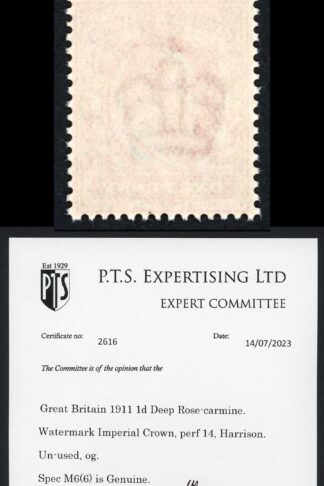 KEVII M6(6) 1d Deep Rose-carmine Harrison Perf 14 Superb Colour U/M PTS Cert