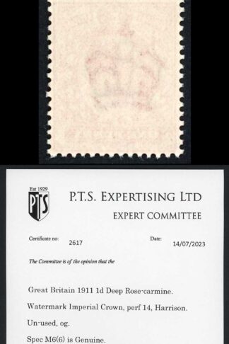 KEVII M6(6) 1d Deep Rose-carmine Harrison Perf 14 Superb Colour U/M PTS Cert