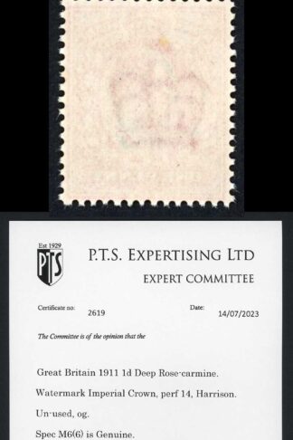 KEVII M6(6) 1d Deep Rose-carmine Harrison Perf 14 Superb Colour U/M PTS Cert