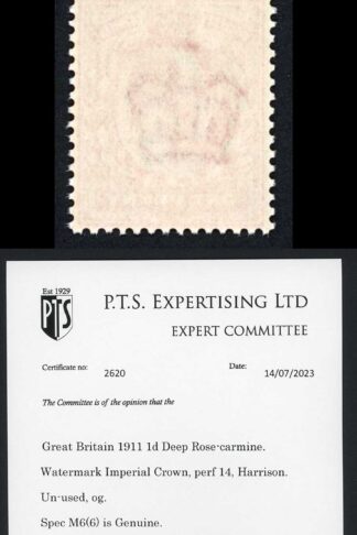 KEVII M6(6) 1d Deep Rose-carmine Harrison Perf 14 Superb Colour U/M PTS Cert