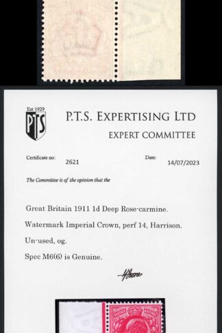 KEVII M6(6) 1d Deep Rose-carmine Harrison Perf 14 Superb Colour U/M PTS Cert