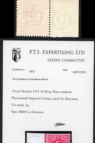 KEVII M6(6) 1d Deep Rose-carmine Harrison Perf 14 Superb Colour U/M PTS Cert