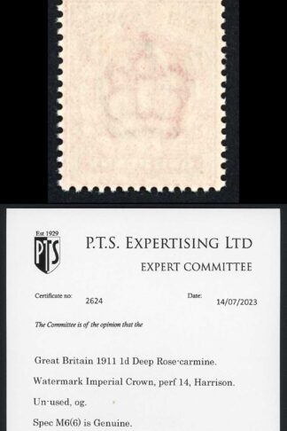 KEVII M6(6) 1d Deep Rose-carmine Harrison Perf 14 Superb Colour U/M PTS Cert