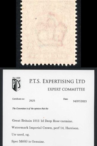 KEVII M6(6) 1d Deep Rose-carmine Harrison Perf 14 Superb Colour U/M PTS Cert