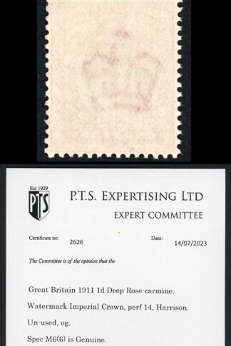 KEVII M6(6) 1d Deep Rose-carmine Harrison Perf 14 Superb Colour U/M PTS Cert
