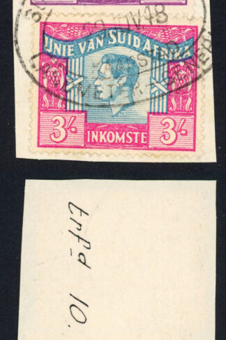 South Africa BF73 3/- and BF76 10/- purple on piece