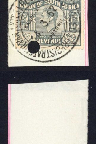 South Africa BF74 5/- blue and red and Two Grey on piece