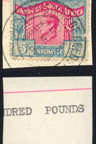 South Africa BF74a 5/- blue and red LANGUAGE ERROR