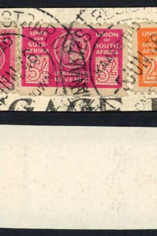 South Africa BF55 2/- orange BF58 5/- red and BF62 One pound red on piece