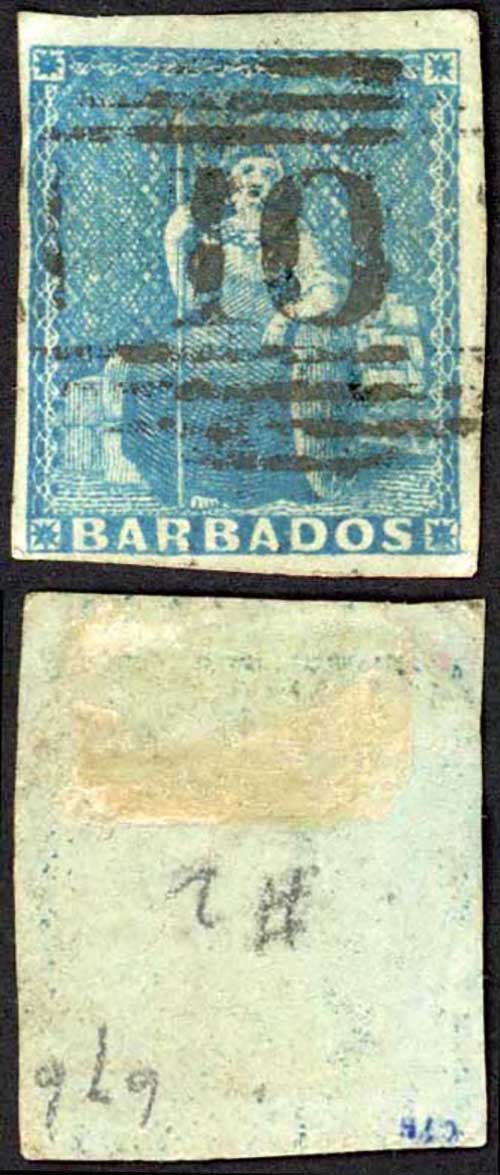Barbados SG4 (1d) Deep Blue (corner crease) Cat 70 pounds