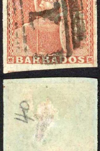 Barbados SG5 (4d) Brownish Red Big Margins but a thin Cat 275 pounds