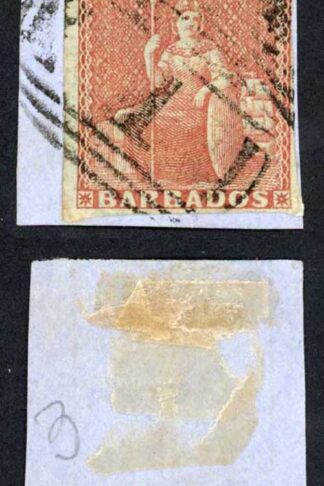 Barbados SG5 (4d) Brownish Red Four margins (close) Cat 275 pounds
