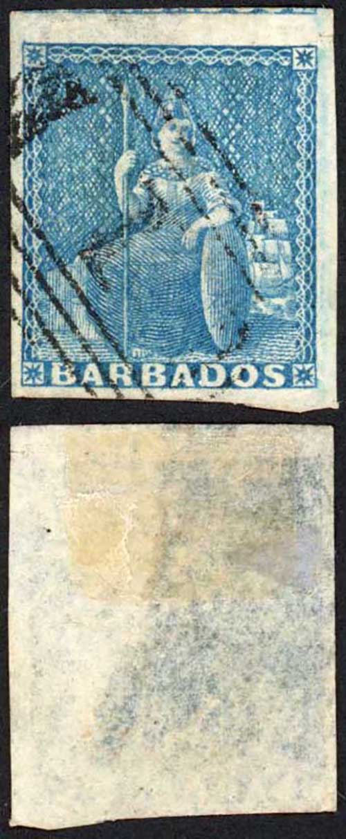 Barbados SG9 (1d) Pale Blue (Thin) Cat 75 pounds